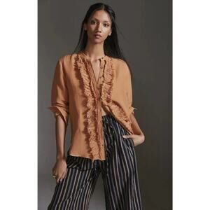 Anthropologie Pilcro Ruffled Blouse Shirt Womens Size S Honey Brown Linen Blend